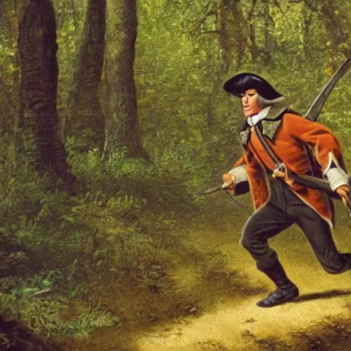 Prompt: 4 k photo of davy crockett running through woods with a flintlock