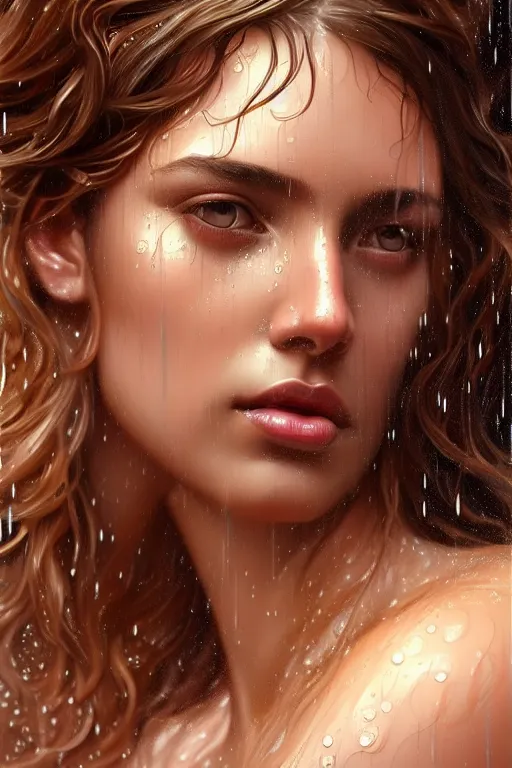 Image similar to portrait of beautiful greek goddess, looking straight up in pouring rain, soaking wet hair, by terry o'neill intricate, elegant, highly detailed, digital painting, glistening skin, artstation, concept art, smooth, sharp focus, bright lighting, illustration, art by artgerm and greg rutkowski and alphonse mucha, 8 k