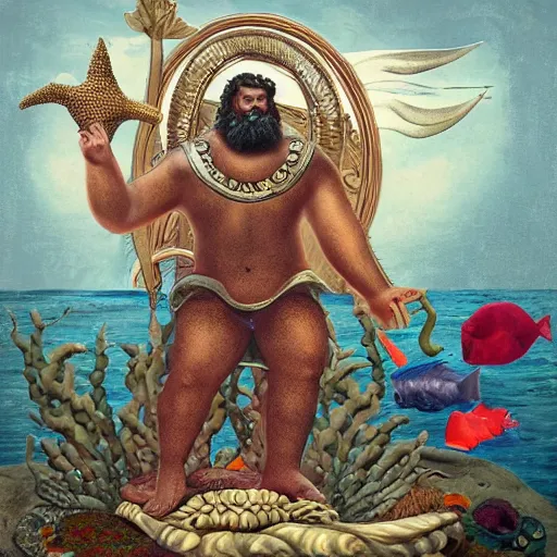 Image similar to The sculpture shows a mythological scene. A large, bearded man is shown seated on a throne, surrounded by sea creatures. He has a trident in one hand and a shield in the other. Behind him is a large fish, and in front of him are two smaller creatures. by Casey Weldon rich details, tumultuous