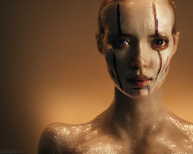 Image similar to a film still of a synthetic female human wrapped in white cloth, tribal facepaint, in neotokyo, cinematic lighting, high resolution, 4 k