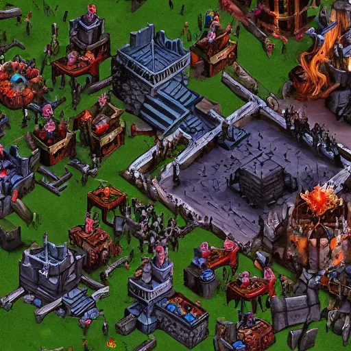 Image similar to Evil mage is standing on top of his tower, raising hands up high and leading his horde of zombies to outer lands. Isometric, high angle, big scale battle map. Highly detailed digital art, unreal engine.