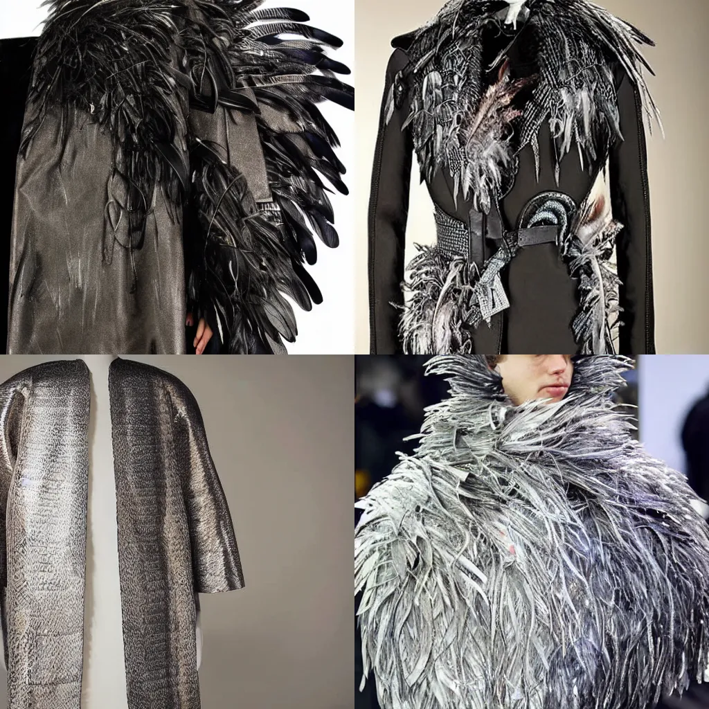 Prompt: a coat made from metal and feathers