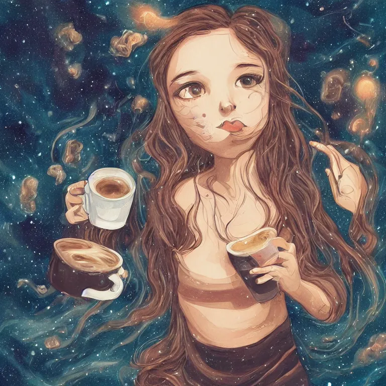 Prompt: a cute girl with dark eyes full of cosmic nebulae drowning in a roiling ocean of coffee, nostalgic melancholic artwork