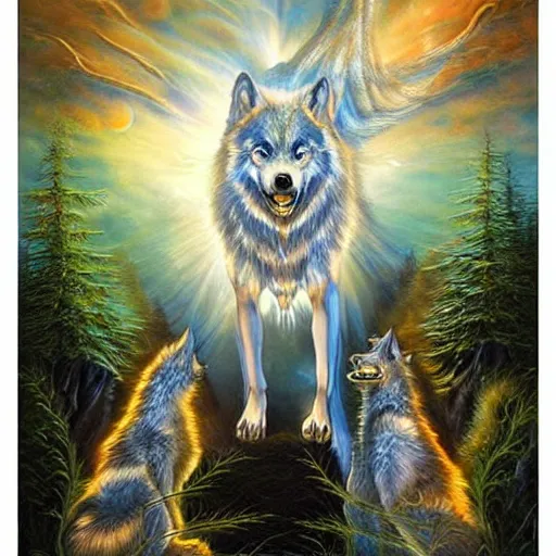 Image similar to enlightened pack of spirit wolves made out of nature by MICHAEL DIVINE and by AMANDA SAGE in the style of oil painting visionary art, trending on artstation, very coherent