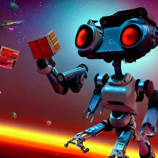 Image similar to 3 d rendered movie still pearlescent robot kitten robots quadruped in epic outer space battles and disco dance contests on saturn. science fiction, blockbuster movie, imax, 7 0 mm, 4 k, dystopian future, computer - animated science fiction film, space odyssey, bladerunner, silent running, wall - e