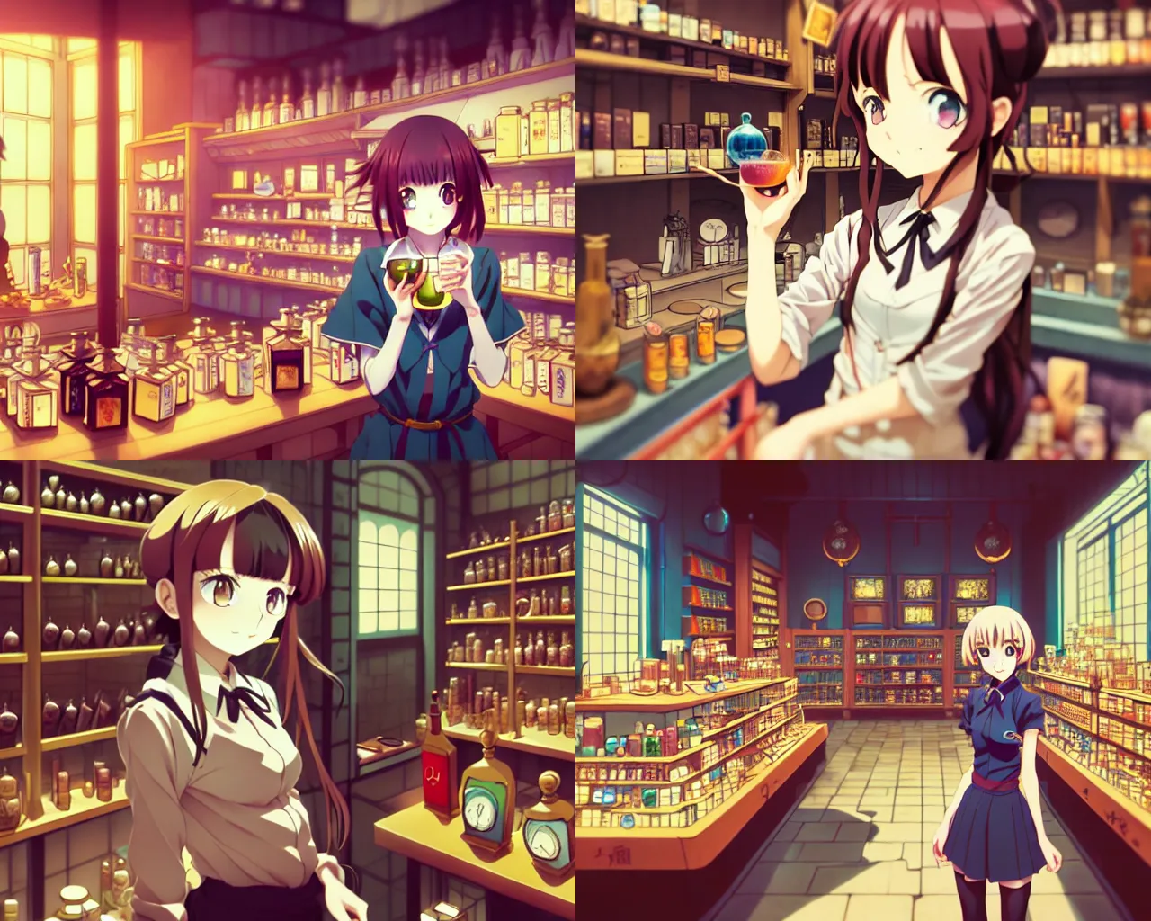 Prompt: lomography, anime visual, portrait of a young woman in a alchemist's potion shop interior shopping, cute face, yoh yoshinari, ilya kuvshinov, makoto shinai, dynamic pose and perspective, detailed facial features, 1 8 mm photo, kyoani, cel shade, dynamic lighting, moody