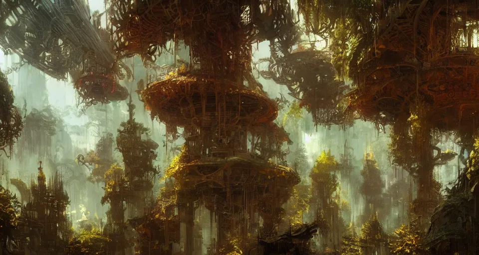 Prompt: looking up at a city of tree - houses at caras galadhon, intricate, vivid colors, elegant, highly detailed, john park, frazetta, john howe, ruan jia, jeffrey catherine jones