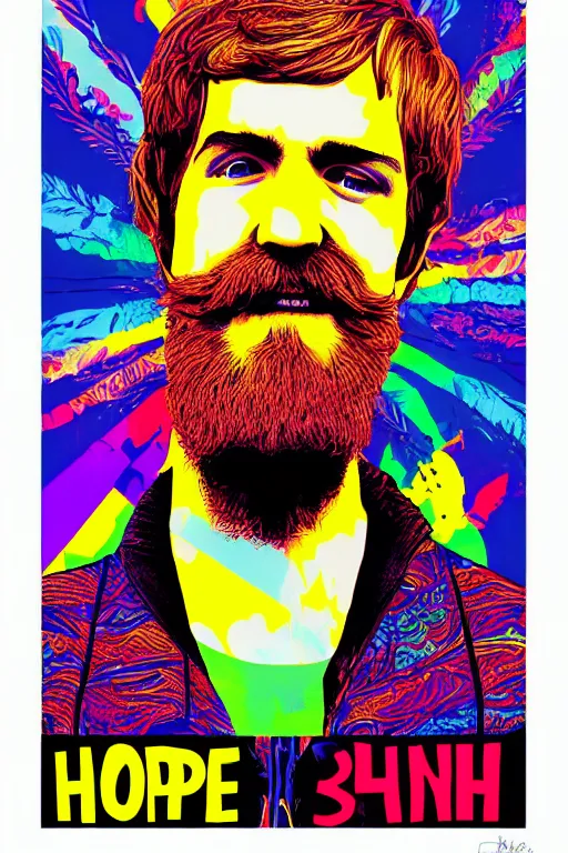 Prompt: inspirational style hope poster of bo burnham with beard, psychedelic colors, highly detailed, realistic, loving, beautiful composition