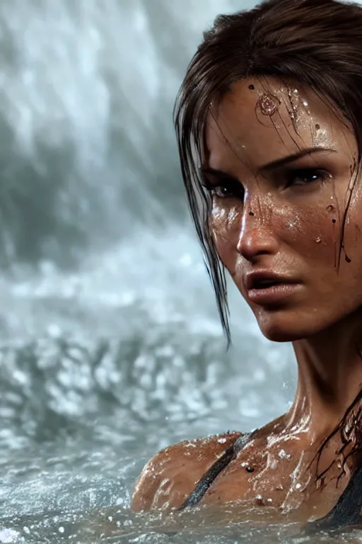 Prompt: a film still of lara croft, close up face, muscular, drenched body, photography, wet dripping hair, emerging from the water