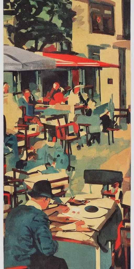 Image similar to A 1950’s poster of a a French artist painting plein air at a coffee shop on street in Paris in art deco style