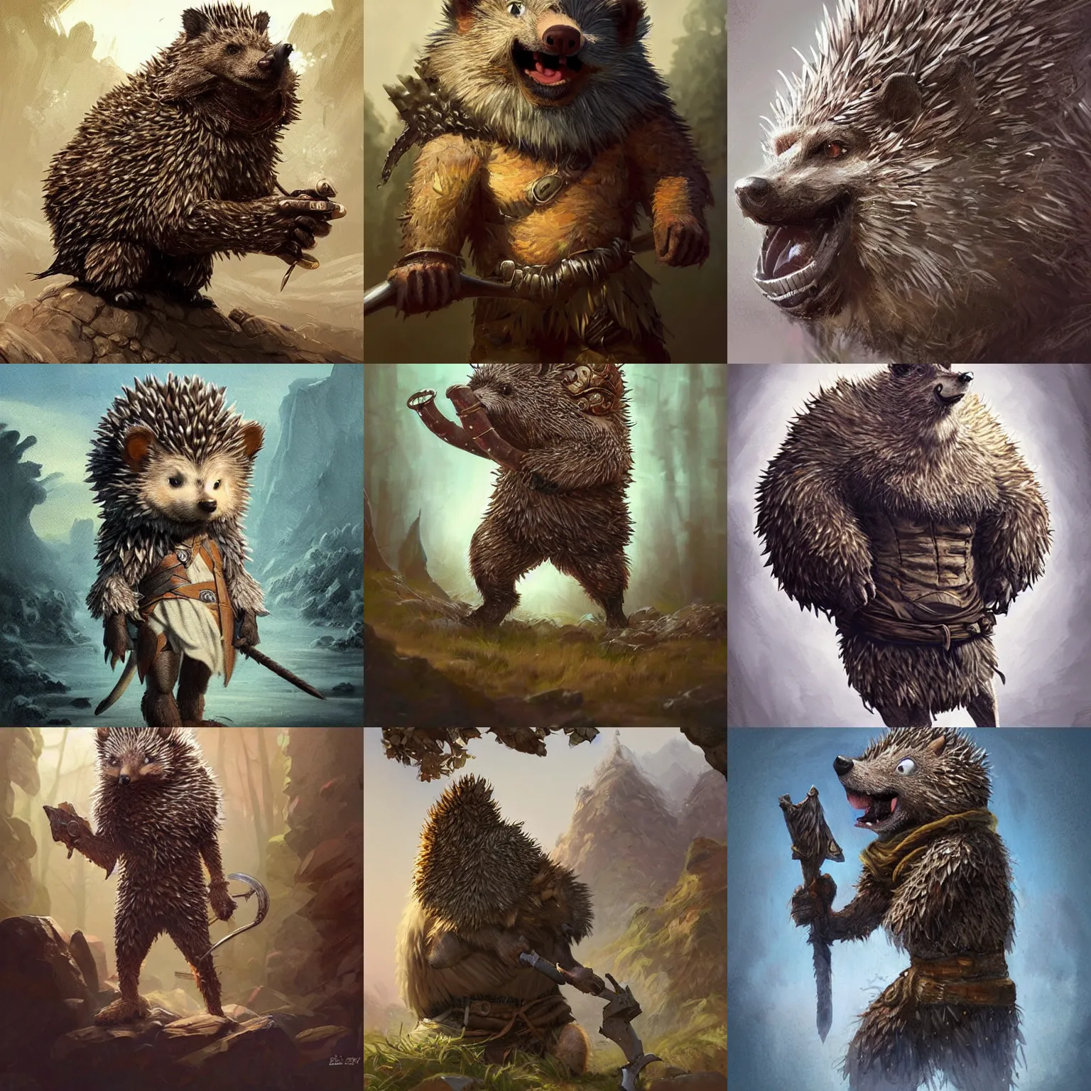 Prompt: anthropomorphic rugged hedgehog!!! with furry!! barbarian muscular upper body, 👅 👅 , D&D, fantasy, intricate, elegant, highly detailed, digital painting, artstation, concept art, smooth, sharp focus, illustration, art by artgerm and beeple and greg rutkowski and alphonse mucha