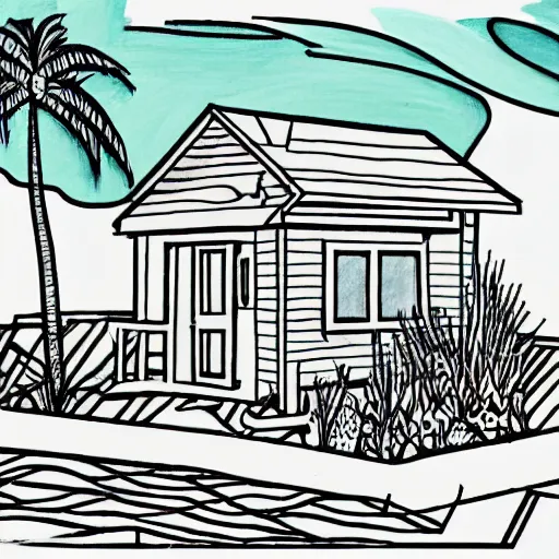 Image similar to imaginative drawing of a beach house, black ink outline, cel - shading, bright color shading