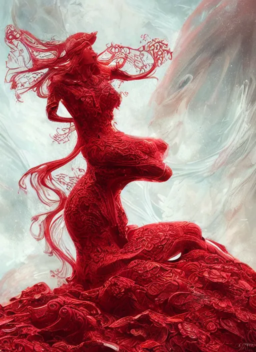 Image similar to woman in love sit upon a scarlet coloured beast, pain, royal dress, light effect, hyper detailed, intricate, atmospheric, elegant, highly detailed, digital painting, artstation, concept art, matte, sharp focus, illustration, by james jean, andrei riabovitchev, marc simonetti, yoshitaka amano