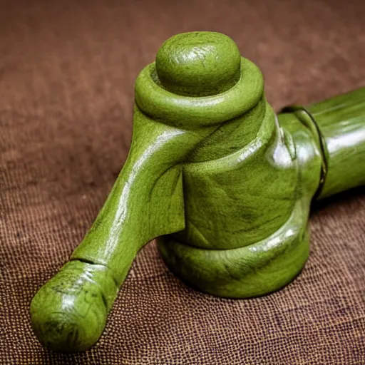 Image similar to short wooden cane with blobs of green slime on it, photograph