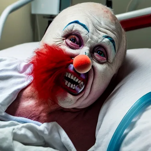 Image similar to crazy elderly clown supine in hospital bed, strapped into bed with restraints, photograph, 8 k