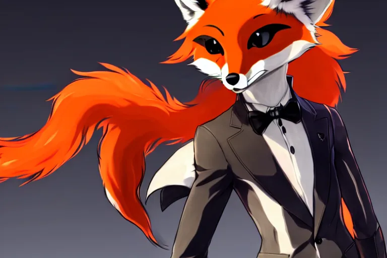 Image similar to a furry tan male fox on a persona 5 : royal ( by atlus ) video game splash screen, a furry male sandcolored tan fox fursona ( has hair ), persona 5 phantom thief style