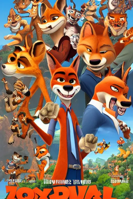 Prompt: nick wilde from zootopia fox furry anthro on a movie poster cover in the style of famous artist don bluth