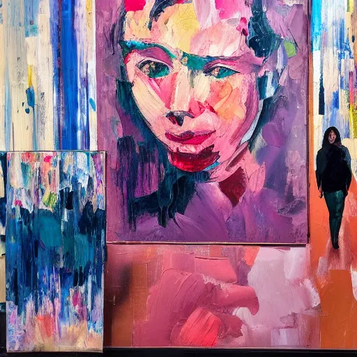 Image similar to _ in _ these _ paintings _ we _ see _ a _ woman _ walking _ in _ circles in a busy void space, 4 k, in the style of ben quilty, cezanne, hyper realism, minimal pink palette, medium shot, oil paint with thick brushstrokes of paint, impasto, detailed,