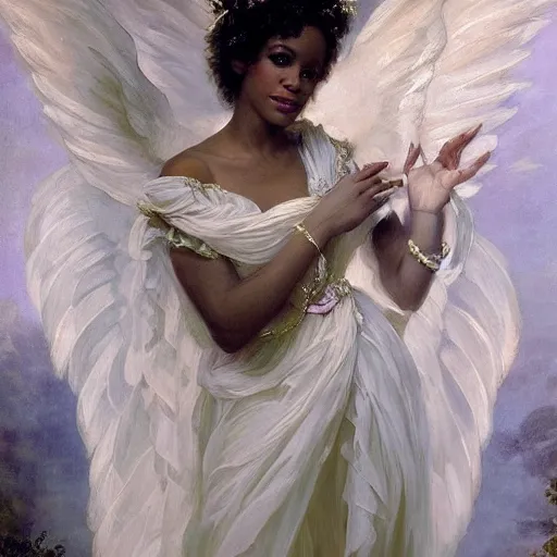 Prompt: Whitney Houston Goddess portrait, wings, luxuriant, dreamy, eternity, romantic, detailed intricate elegant, in the style of Franz Xaver Winterhalter, highly detailed, in the style of Aetherpunk