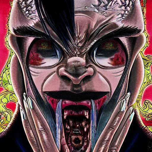 Image similar to portrait closeup of crazy yakuza man, symmetrical, by yoichi hatakenaka, masamune shirow, josan gonzales and dan mumford, ayami kojima, takato yamamoto, barclay shaw, karol bak, yukito kishiro