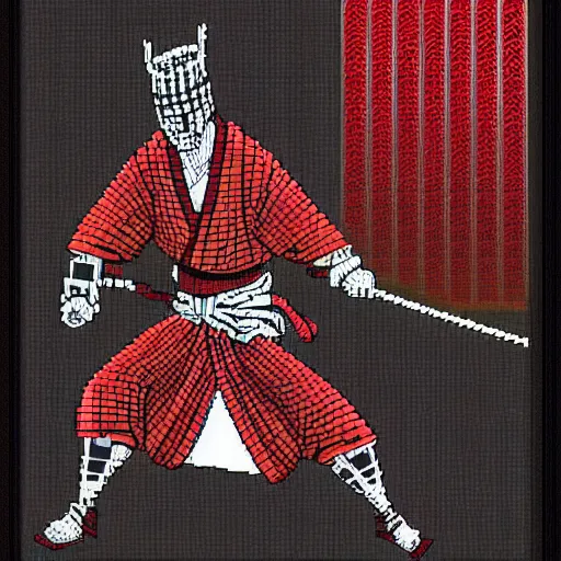 Image similar to Beautiful samurai pixel art by UltraIndigoNFT and Junji Ito , post-processing , kendo stance