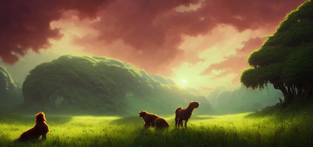 Prompt: breathtaking digital painting of epic large green dogs with shaggy green fur running through a lush valley of deep grass with a dramatic red sky, fantasy art by greg rutkowski, loish, rhads, ferdinand knab, makoto shinkai and lois van baarle, ilya kuvshinov, tom bagshaw, global illumination, radiant light