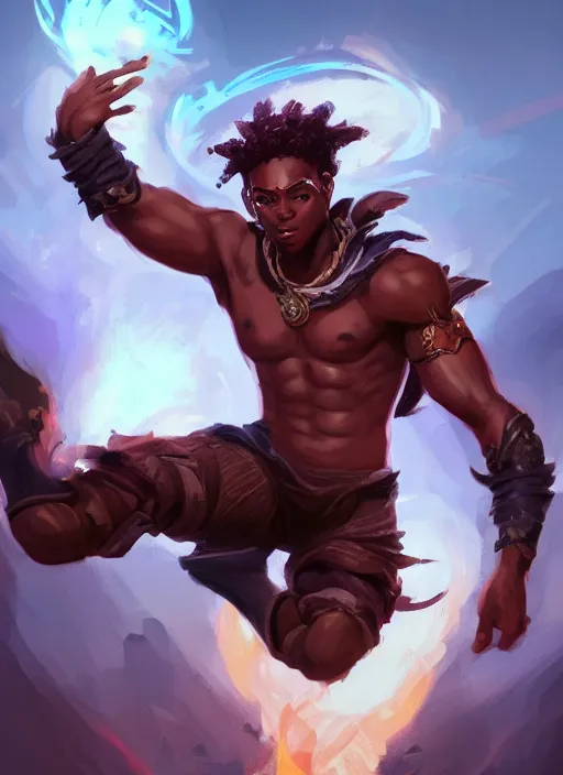 Image similar to a highly detailed illustration of attractive young african fire god with short hair, heroic jumping pose, intricate, elegant, highly detailed, centered, digital painting, artstation, concept art, smooth, sharp focus, league of legends concept art, wlop