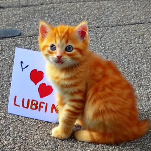 Image similar to cute fluffy orange tabby kitten with a sign that says