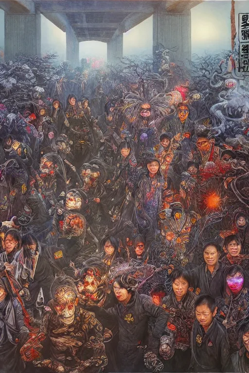 Image similar to 中 国 鬼 节, long procession of the dead is queuing up on the naihe bridge. psychedelic lights and fog, zdzislaw, ayami kojima, yamamoto, barclay shaw, karol bak, hyperrealist, 8 k