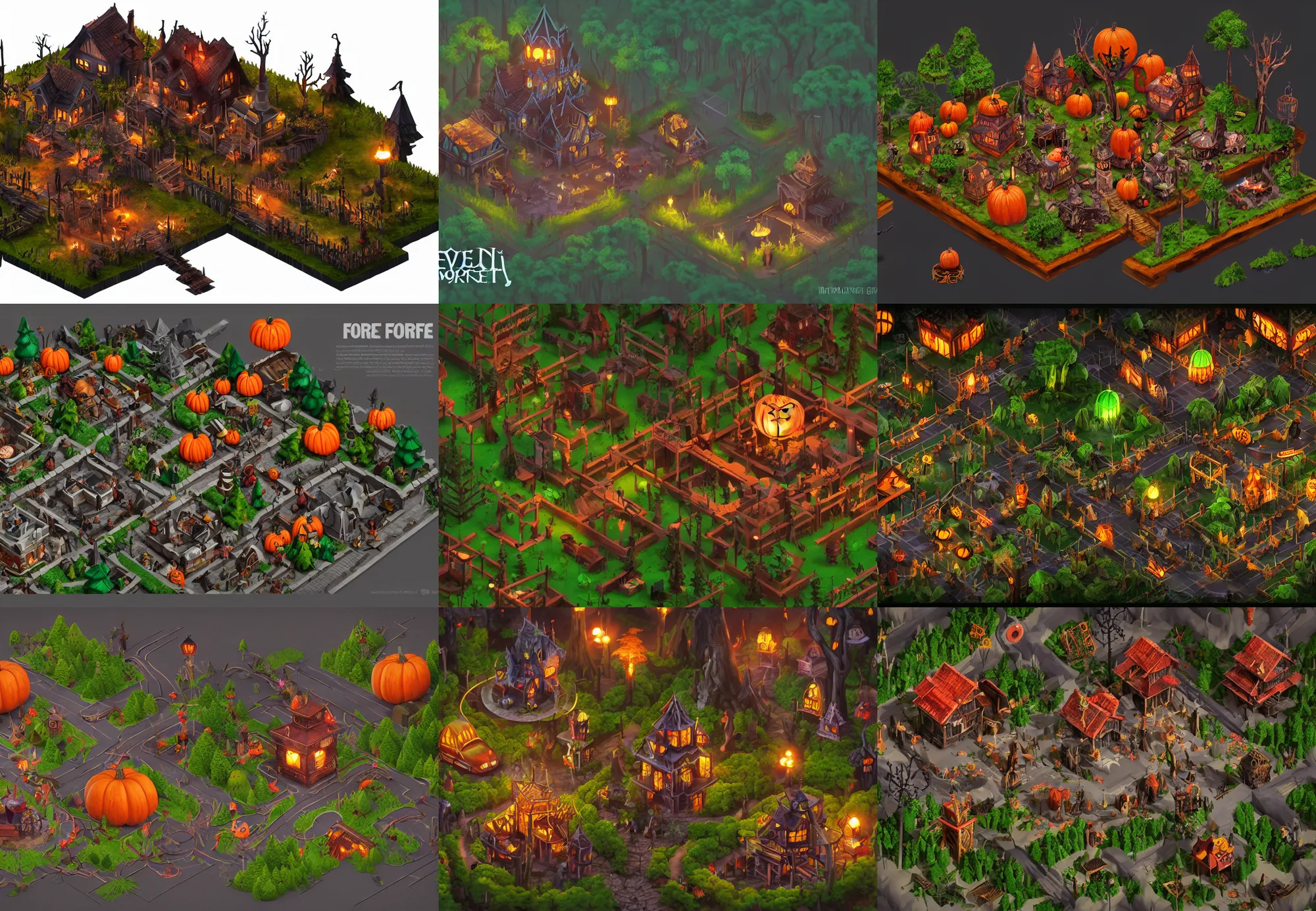 Prompt: evil forest halloween themed isometric game level, with detailed wood, lanterns, disney, haunted mansion, toon shader, arnold maya render, artstation by miha rinne