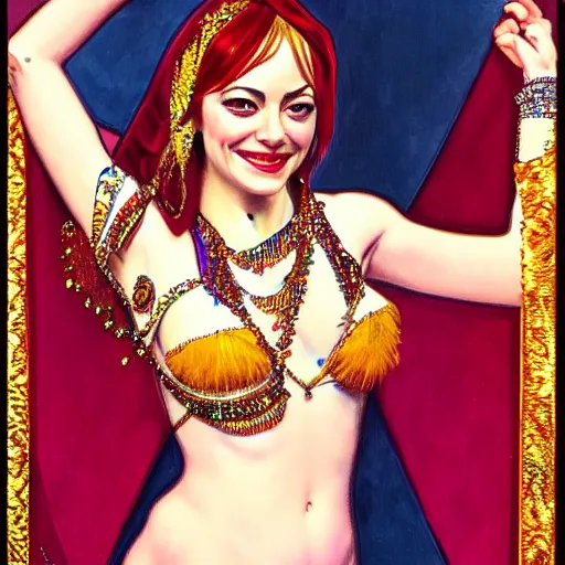 Image similar to a photorealistic portrait of emma stone dressed as a belly dancer, arabian night, high quality, fully detailed, 4 k, in focus sharp face with fine details, realistic hand details and anatomy composition, inspired by belly dancer on youtube, alphonse mucha, masterpiece, stunning