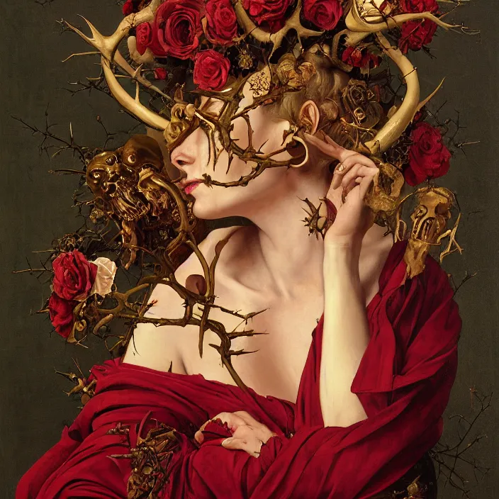 Prompt: portrait of a woman with a golden skull instead of a head, a wreath of thorns, a dress of bones and roses, horns, snakes, smoke, flames, full-length, oil painting in a renaissance style , very detailed, red background, painted by Caravaggio, Greg rutkowski, Sachin Teng, Thomas Kindkade, Alphonse Mucha, Norman Rockwell, Tom Bagshaw.