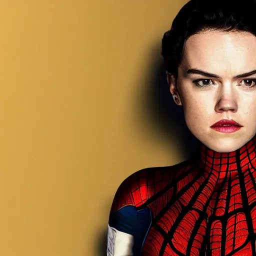 Image similar to daisy ridley dressed as spider - man, photography, marvel, cinematic, studio lighting, 4 k, imax,