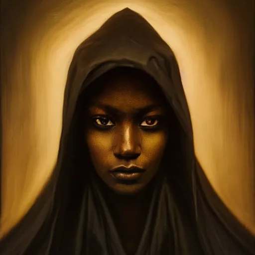 Image similar to a portrait of a young black woman wearing a long dark cloak, hood and shadows covering face, anatomically correct, beautiful perfect face, enigmatic, oil painting, matte painting, black background, Volumetric Golden dappled dynamic lighting, Highly Detailed, Cinematic Lighting, Unreal Engine, 8k, HD, by Beksinski