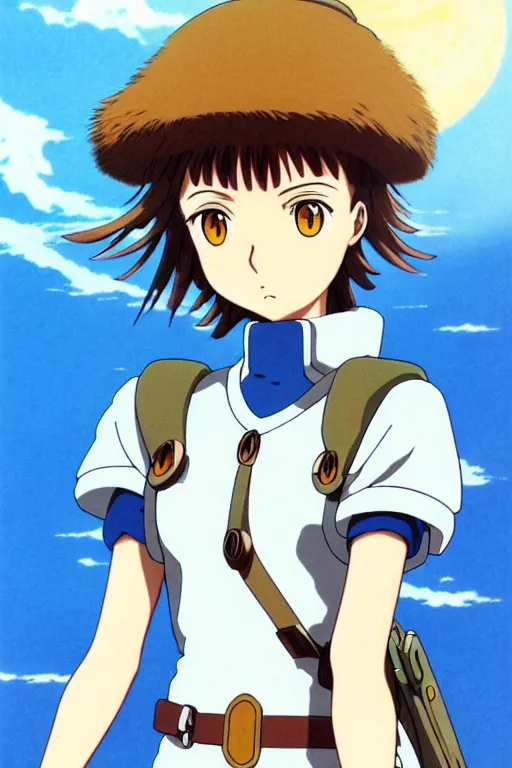 Image similar to anime art full body portrait character nausicaa by hayao miyazaki concept art, anime key visual of elegant young female, short brown hair and large eyes, finely detailed perfect face delicate features directed gaze, sunset in a valley, trending on pixiv fanbox, studio ghibli, extremely high quality artwork by kushart krenz cute sparkling eyes