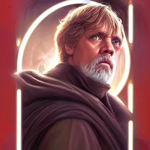 Image similar to luke skywalker grand master jedi from legends books, jedi from star wars, intricate detailed face, artgerm, greg rutkowski, alphonse mucha