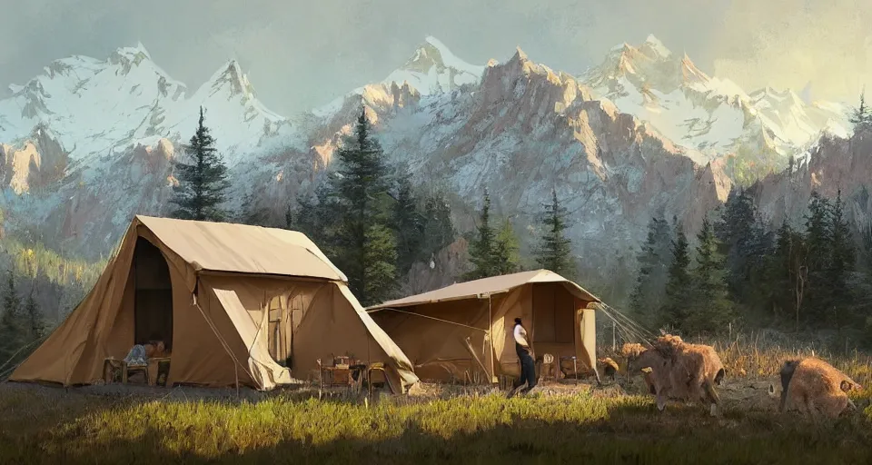 Image similar to cabela's beautiful comfortable modular insulated wall kit - house all weather family dwelling tent house, person in foreground, mountainous forested wilderness open fields, beautiful views, painterly concept art, joanna gaines, environmental concept art, farmhouse, magnolia, concept art illustration, by james gurney, by craig mullins, by greg rutkowski trending on artstation