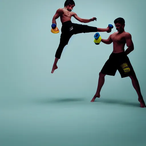Prompt: muay thai athletes choreography, dance photography, pastel colors palette, sport photography, high detail, zoom in, foreshortening, natural light