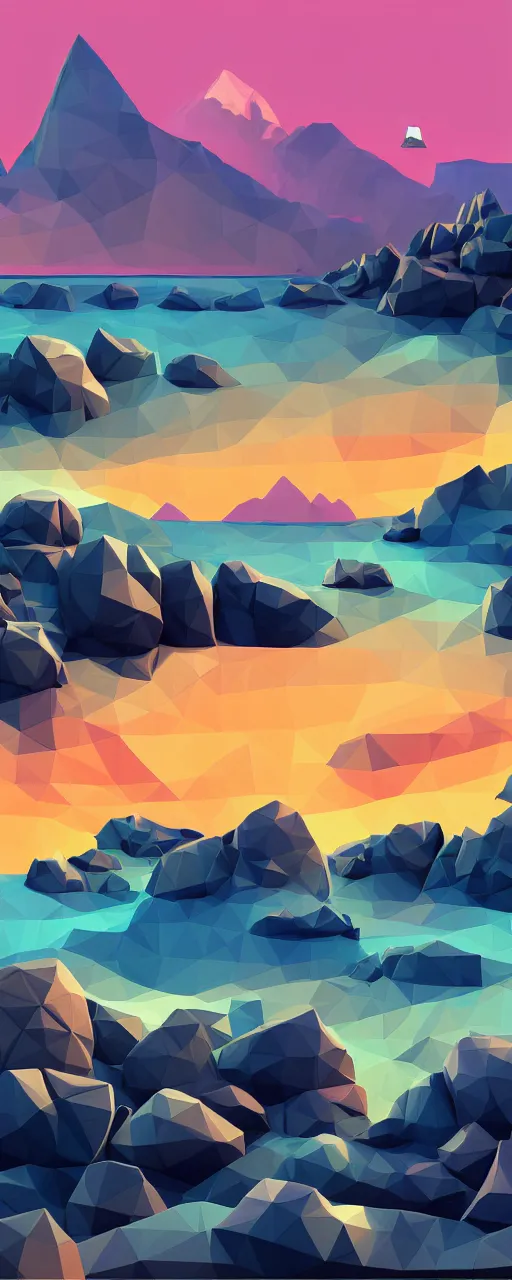 Image similar to super detailed color lowpoly art, northern sunset with rocks on front, monochrome photorealistic bay in the middle of perspective and mountains at background, big graphic vessel in the middle of composition, unreal engine, high contrast color palette, 3 d render, lowpoly, colorful, digital art, perspective, full volume composition, robb cobb, robert mccall, syd mead