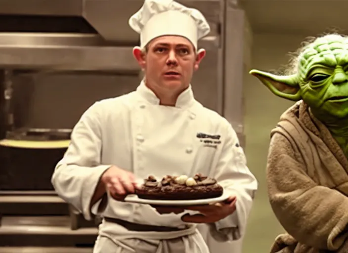 Prompt: film still of yoda working as a pastry chef in the new Star Wars movie, 4k