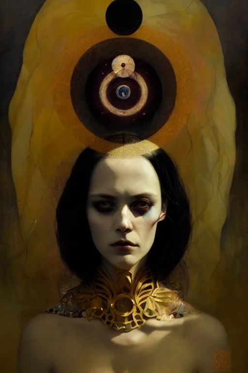 Prompt: of beautiful goth female, beauty portrait by greg rutkowski, hilma af klint, moebius, victo ngai, sharp focus, global illumination, highly detailed, masterpiece, award winning, post processing