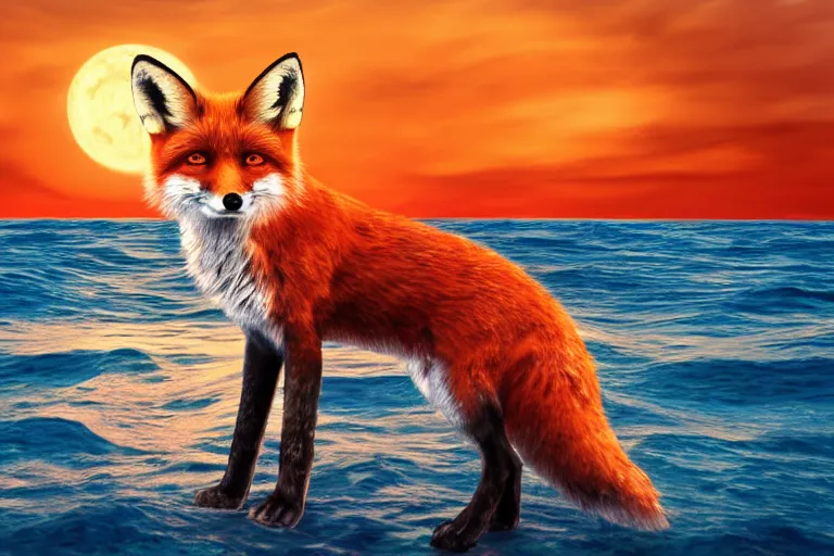 Image similar to close shot of human with fox ears standing in the middle of the ocean, digital art, acrylic, detailed, glows, moonlight,