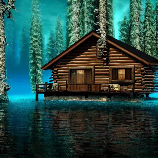 Image similar to a cabin in the woods underwater surrounded by dense trees, dark and eerie, 8k, high definition, highly detailed, photo realistic