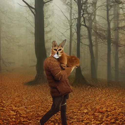 Image similar to Ryan Golsing holding a cute caracal in an autumn forest, by Aron Wiesenfeld and beksincki, cinematic, detailed illustration, nature, fog, dark colors, suspense, intricate, 8k