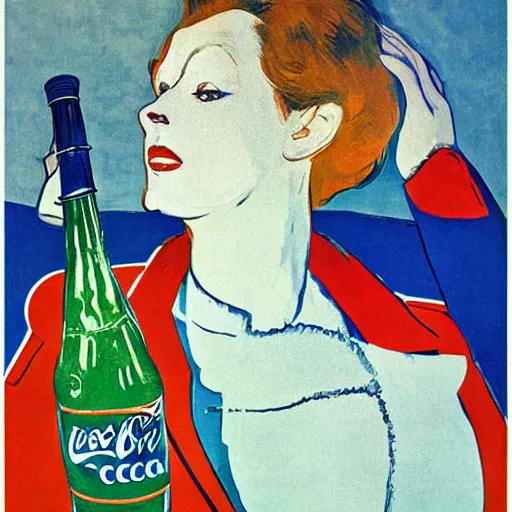 Prompt: a woman in a parka drinking a bottle of coke in an icy landscape, constructivist, russian, soviet advertisement, 1 9 6 0's, by henri toulouse lautrec