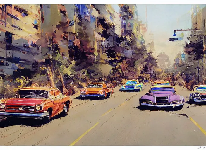 Image similar to 5 hotrods driving down a street , vintage, highly detailed, by John Berkey