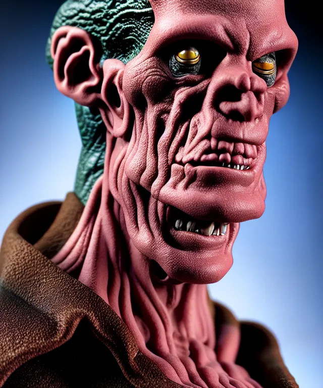 Prompt: hyperrealistic rendering, frankenstein, by art of skinner and richard corben and jeff easley, product photography, action figure, sofubi, studio lighting, colored gels
