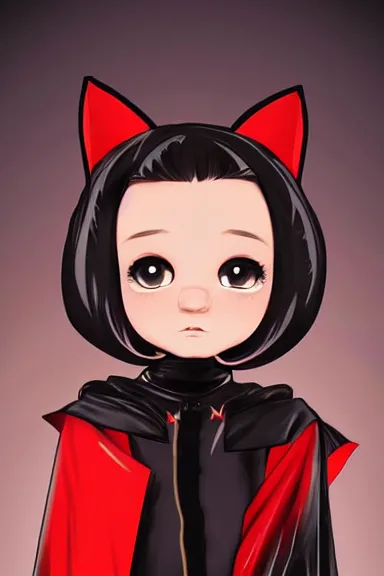 Image similar to little boy in black latex suit with cape an cat ears, artwork made by ilya kuvshinov