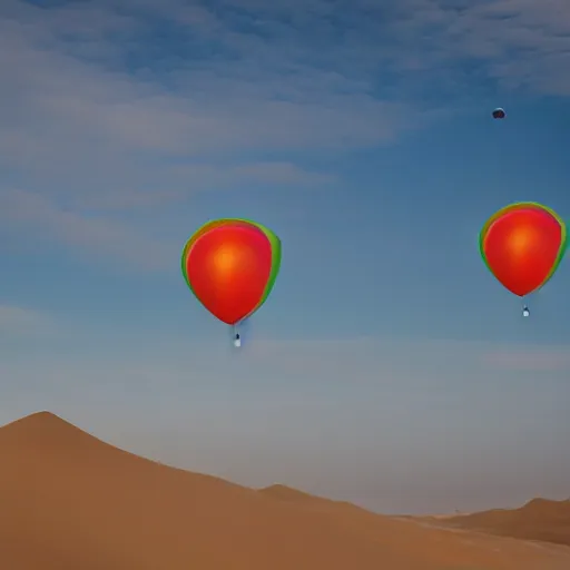 Prompt: floating rainbow colored party balloons above the desert, photography, high resolution 8 k, 3 5 mm lens,