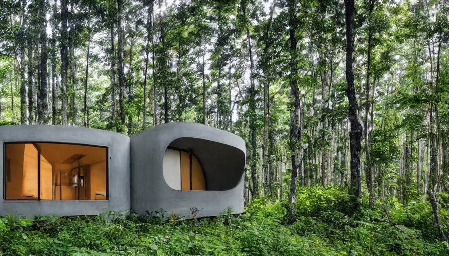 Image similar to A wide image of a full innovative contemporary 3D printed prefab sea ranch style cabin with rounded corners and angles, beveled edges, made of cement and concrete, organic architecture, in a lush green forest Designed by Gucci, Balenciaga, and Wes Anderson, golden hour